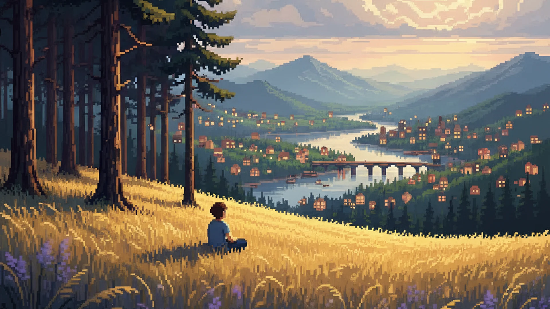 A wide pixel-art valley at golden hour, a figure looking out over a river town